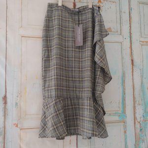nwt SANS SOUCI cottage maxi plaid side ruffle skirt w zipper/size m/grey yellow